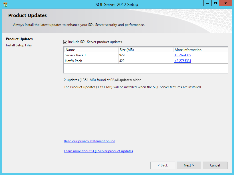 Product Updates screen showing SP1 & CU1