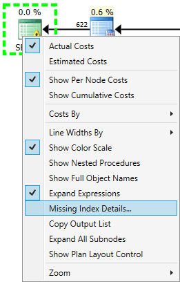 Context menu in Plan Explorer offering details on the missing index