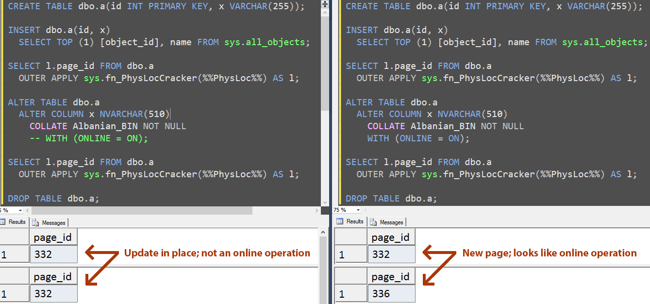 Comparing pages under standard ALTER COLUMN behavior (left) with ONLINE = ON (right)