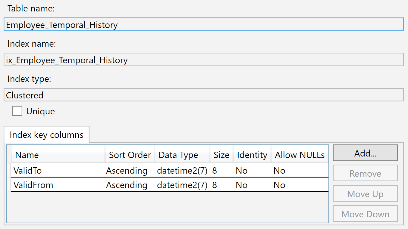 History table clustered index properties